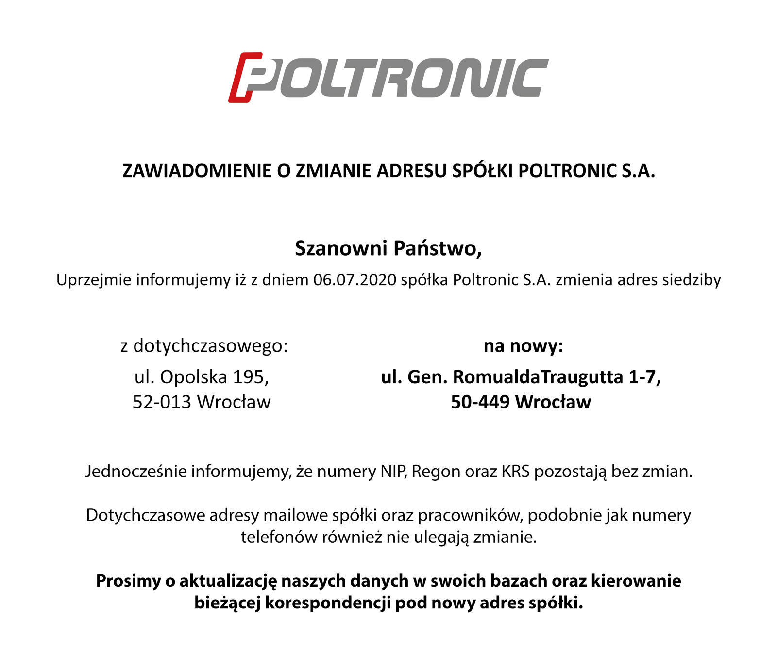 Zmiana adresu Spółki Poltronic S.A.
